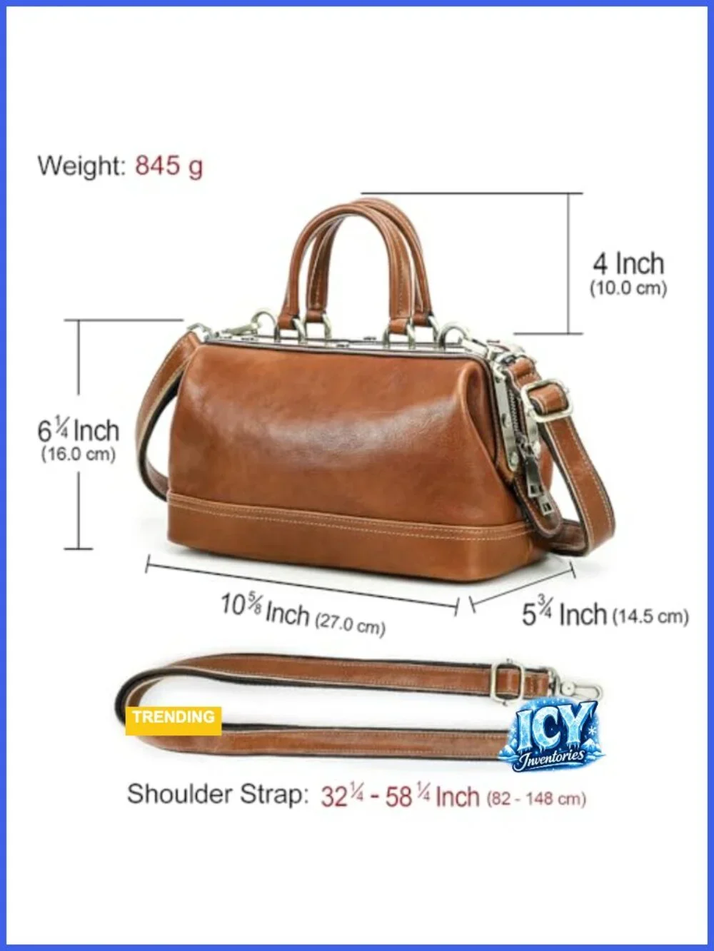 Vintage Doctor Bag Purse Women Leather Top Handle Shoulder Handbag Metal Frame